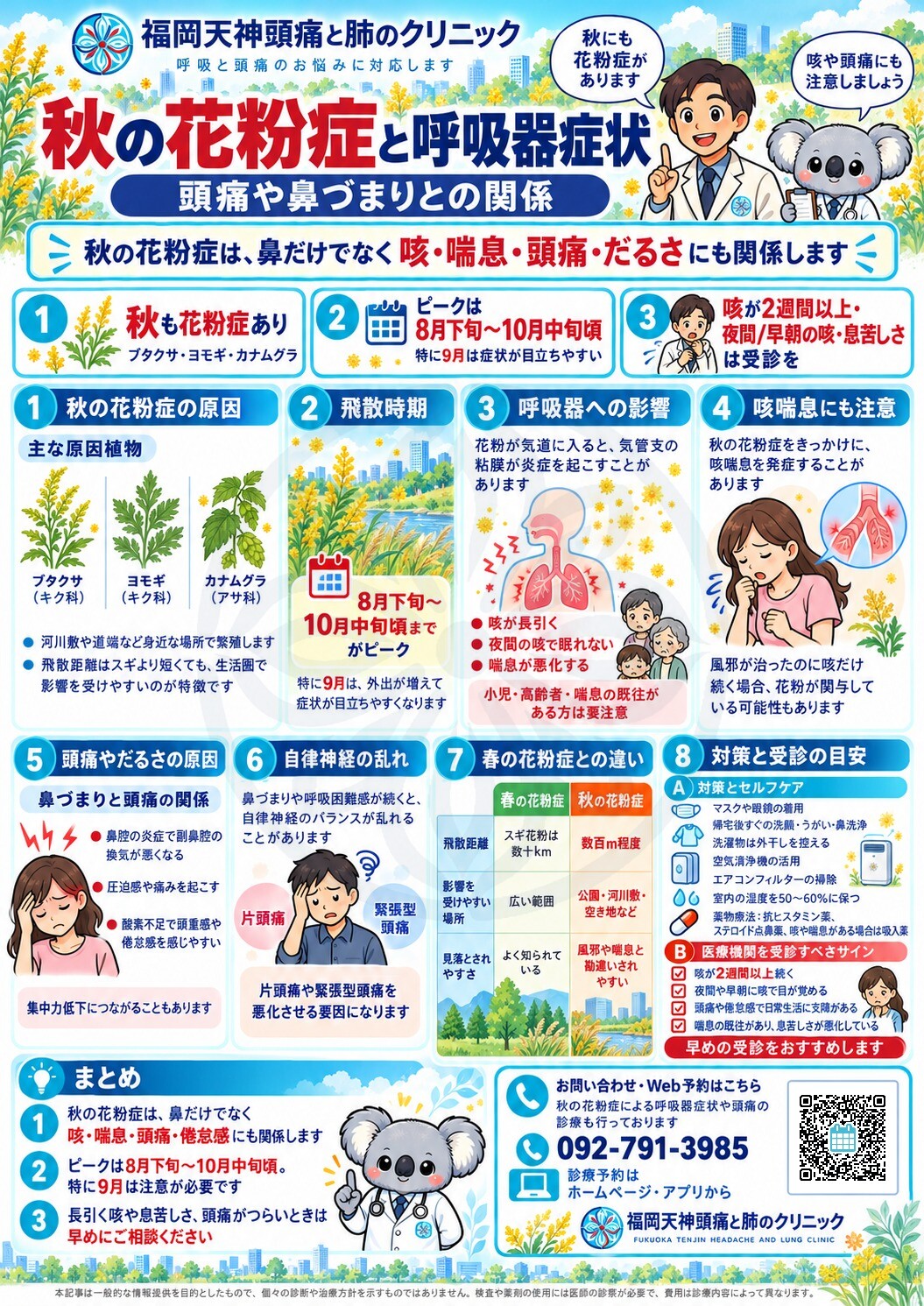「秋の花粉症と呼吸器症状──頭痛や鼻づまりとの関係」の要点をまとめた図解(福岡天神頭痛と肺のクリニック)