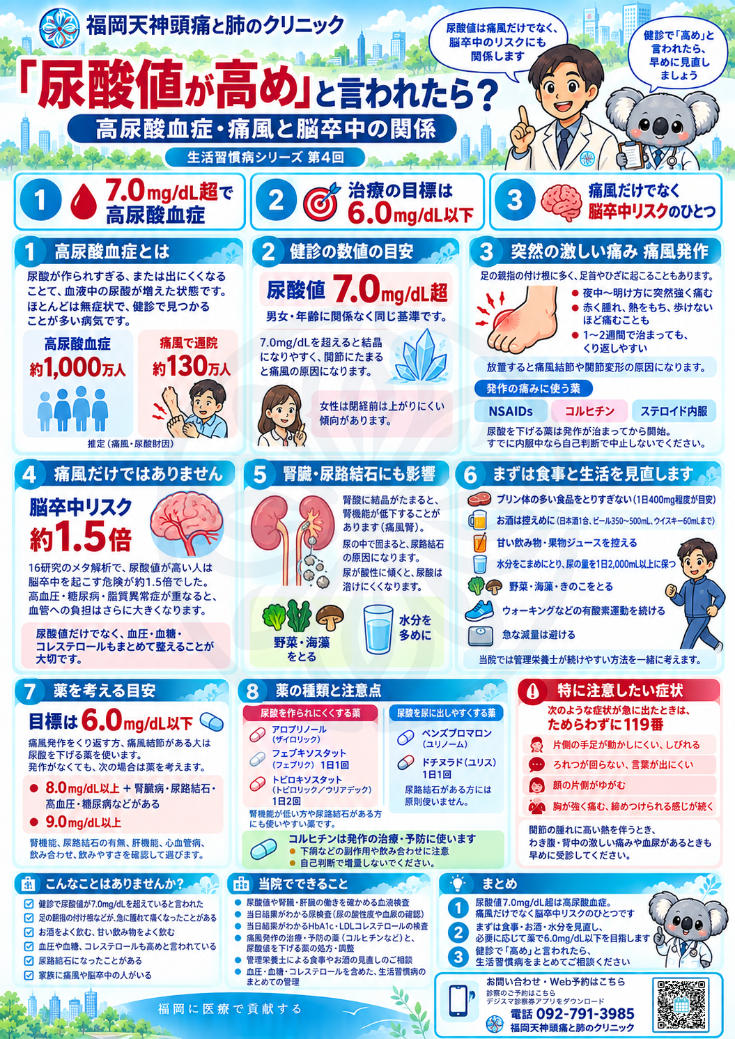 「尿酸値が高め」と言われたら？高尿酸血症・痛風と脳卒中の関係【生活習慣病シリーズ第4回】 記事のポイント図解